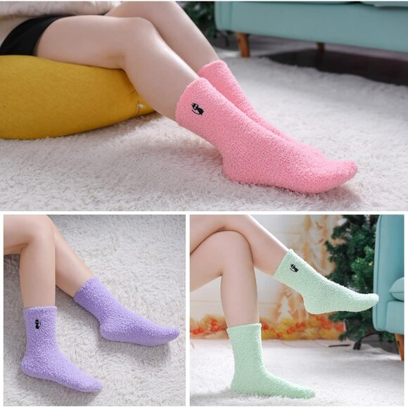 ⚡Women 5 Pairs Cat Soft Fuzzy Cozy Sleeping Microfiber Winter Warm Slipper Socks - Picture 2 of 5